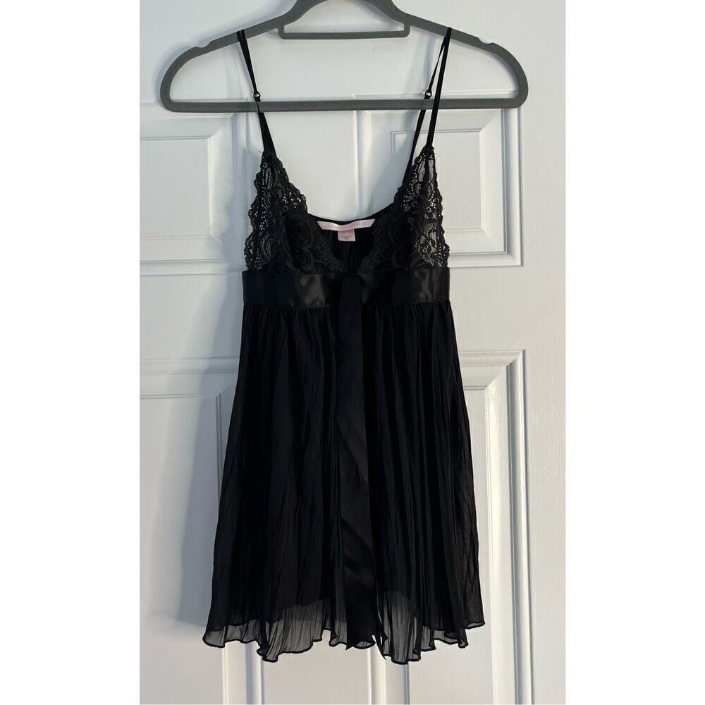 Victorias Secret Black Sheer Lace Babydoll Satin Ribbon Camisole Lingerie Top XS